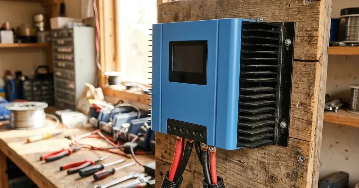Blue solar MPPT charge controller mounted on a wooden backboard showing aluminum cooling heatsink fins. — SolarNevs spec card