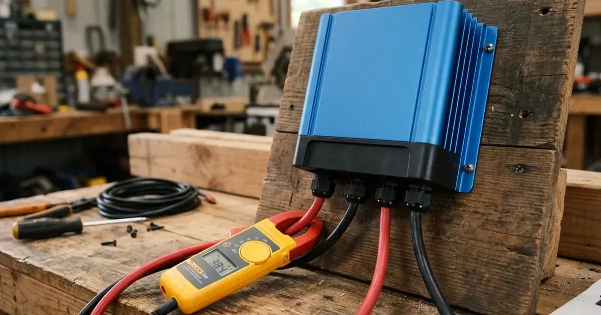 Solar MPPT charge controller connected to DC wiring with a current clamp meter during circuit testing. — SolarNevs spec card