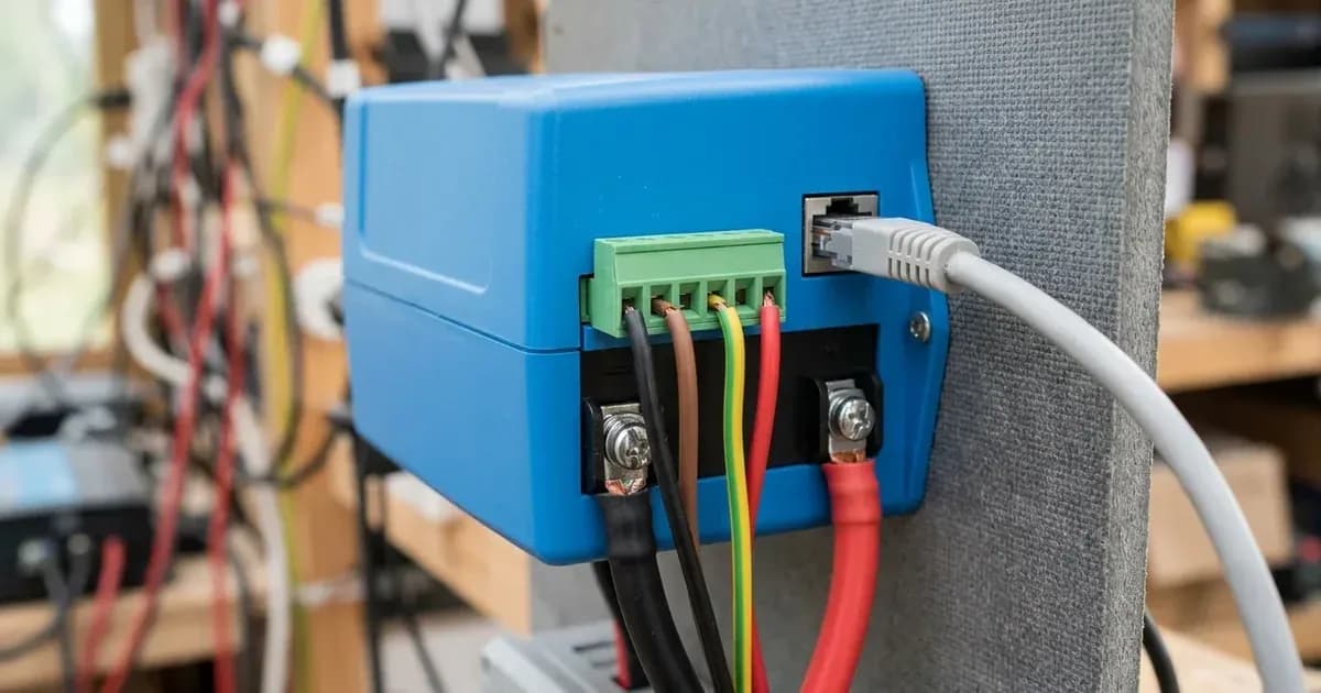 Network communication cable and terminal block wired into the base of a solar MPPT charge controller. — SolarNevs spec card