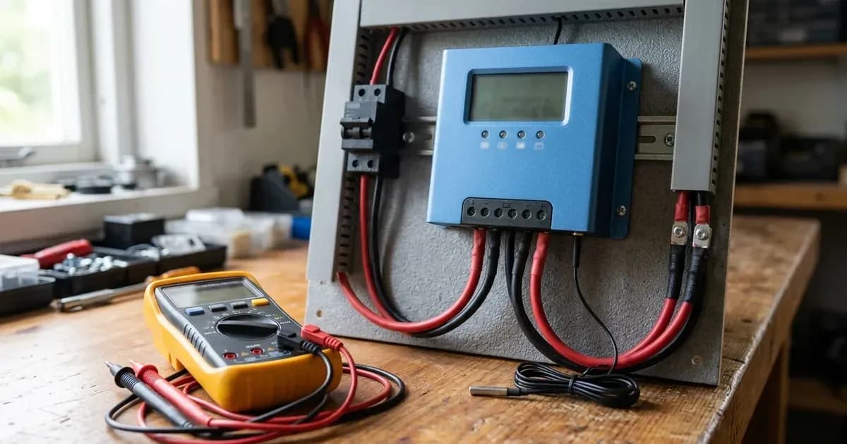 Solar charge controller with battery temperature sensor and DC wiring on a utility board. — SolarNevs spec card