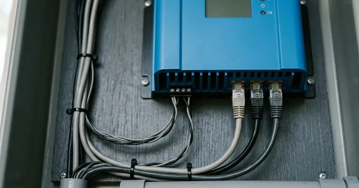 Communication network cables plugged into the data ports of a solar charge controller. — SolarNevs spec card