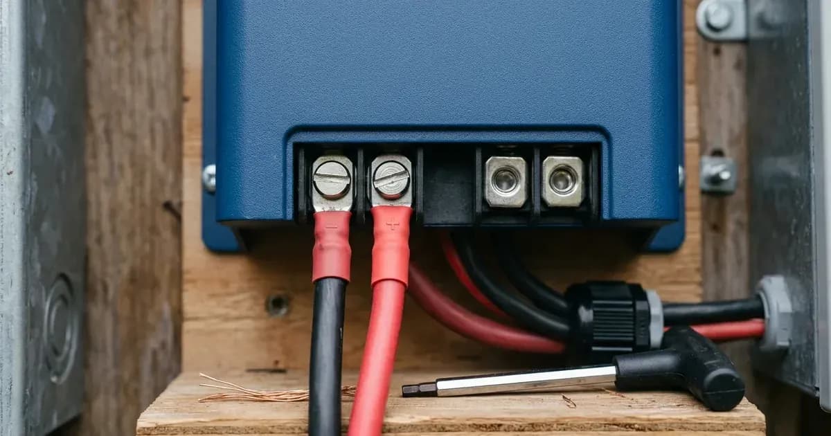 Solar charge controller DC wiring terminals and heavy power cables connected to terminal lugs. — SolarNevs spec card