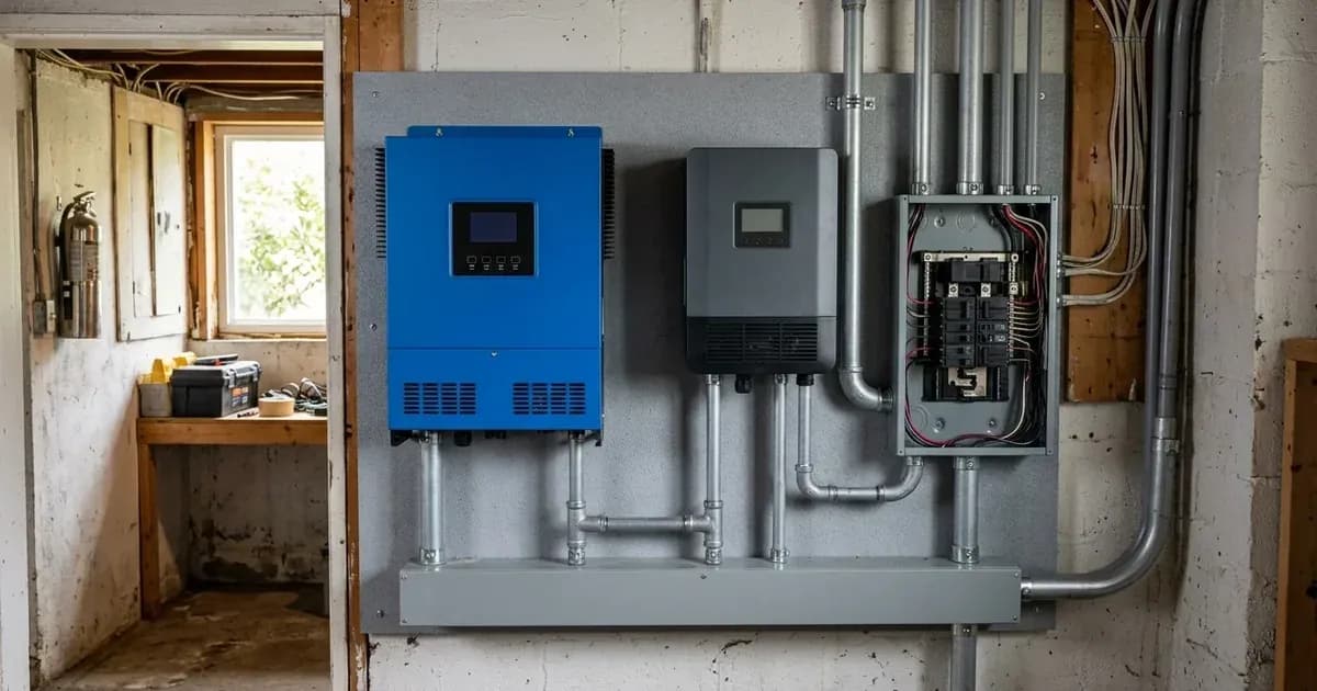 Hybrid battery inverter and solar string inverter installed side by side with AC conduit and subpanel. — SolarNevs spec card