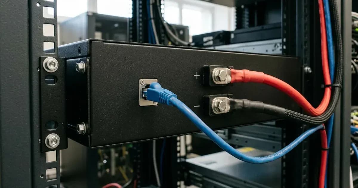 CAN bus communication cable and DC power lugs connected to a rack-mounted lithium battery. — SolarNevs spec card