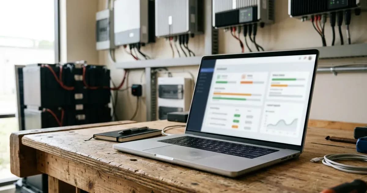 Laptop displaying cloud solar management dashboard on a workshop bench near solar equipment. — SolarNevs spec card