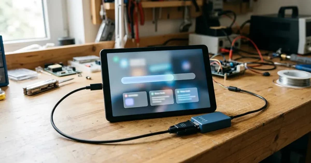 Tablet displaying firmware update progress connected to an inverter communication interface. — SolarNevs spec card