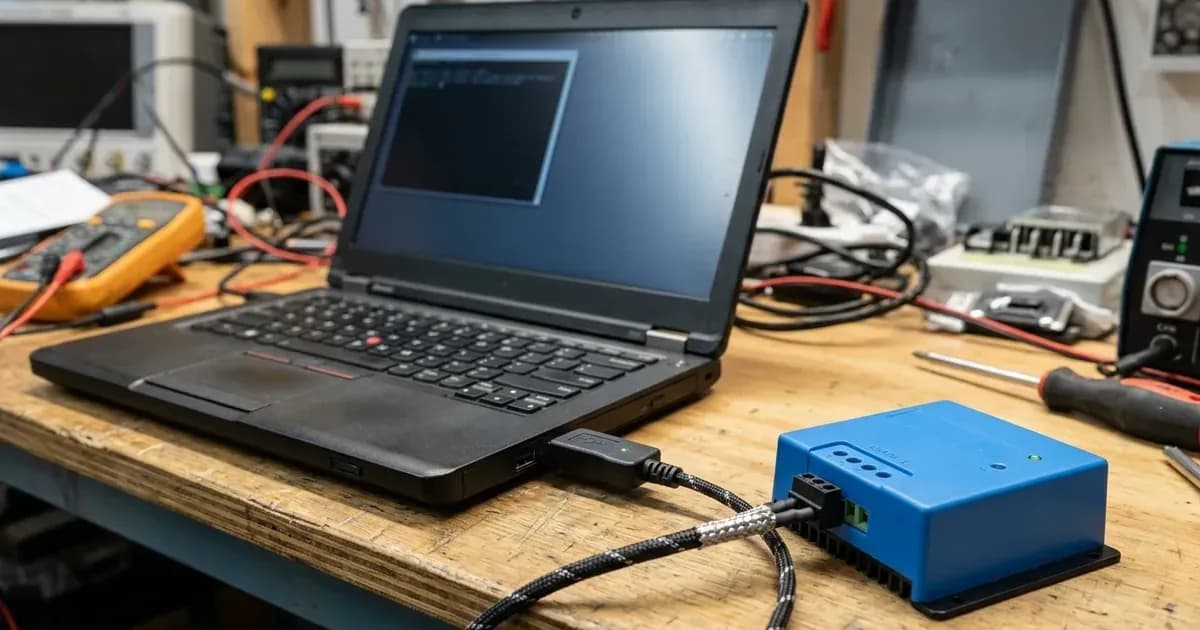 USB communication adapter connected from a laptop to a solar controller interface on a diagnostic workbench. — SolarNevs spec card