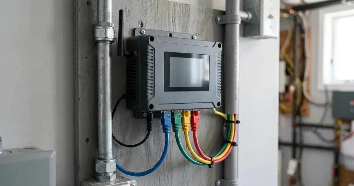 Wall-mounted solar communication gateway hub with network cables wired into ports on a utility board. — SolarNevs spec card