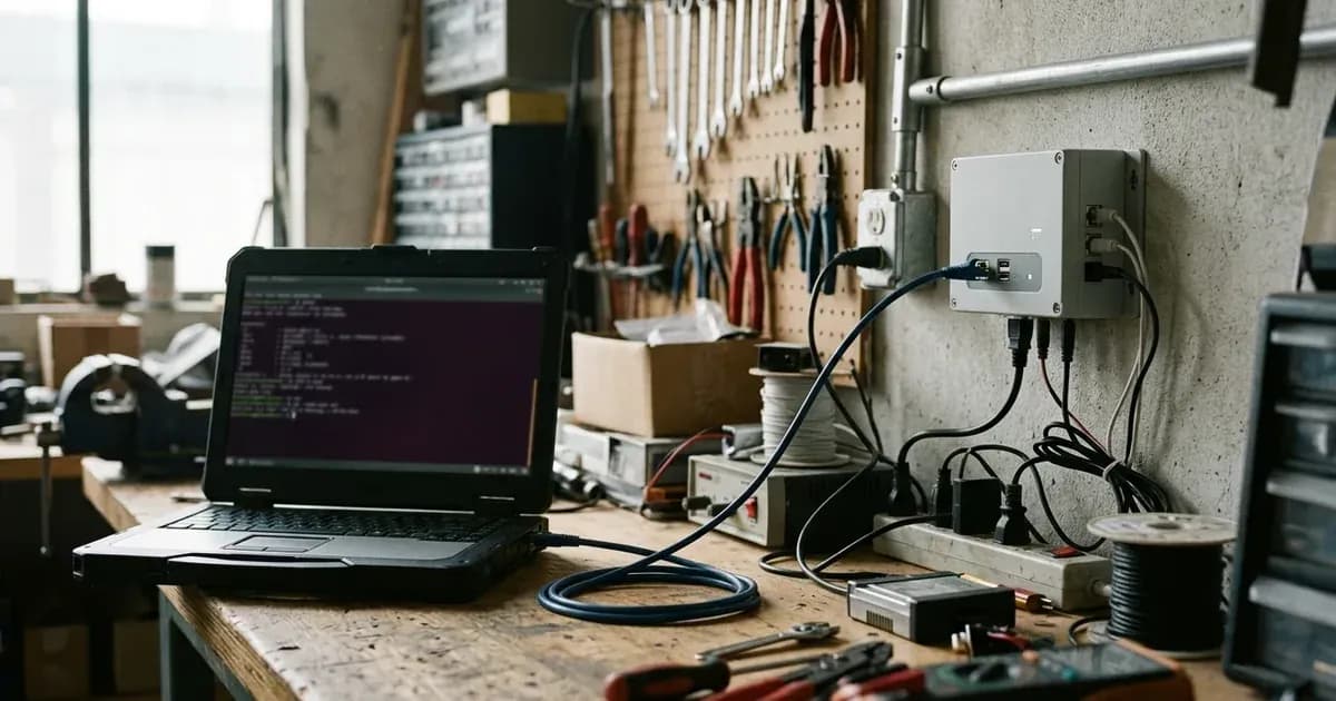 Diagnostic laptop connected via network cable to a solar gateway controller on an electrical workbench. — SolarNevs spec card