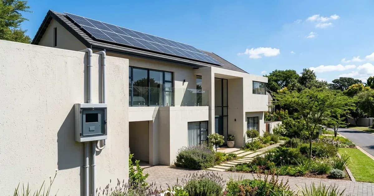 Rooftop solar panel installation and exterior electricity meter on a suburban house in South Africa. — SolarNevs spec card