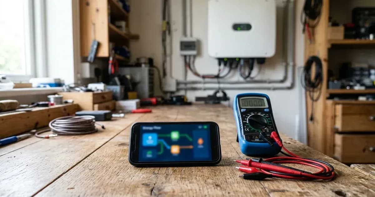 Smartphone and digital multimeter on a workshop workbench with a wall-mounted solar inverter in the background. — SolarNevs spec card