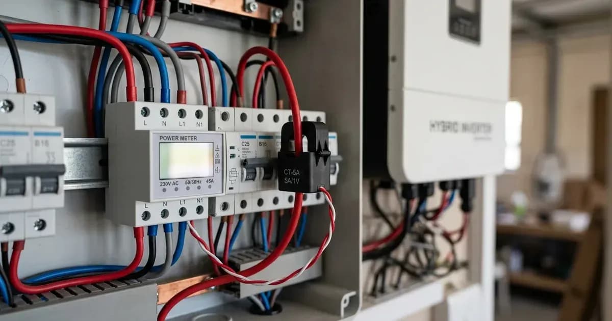 Close-up of a digital power meter and CT clamp inside a distribution board with an inverter in the background. — SolarNevs spec card