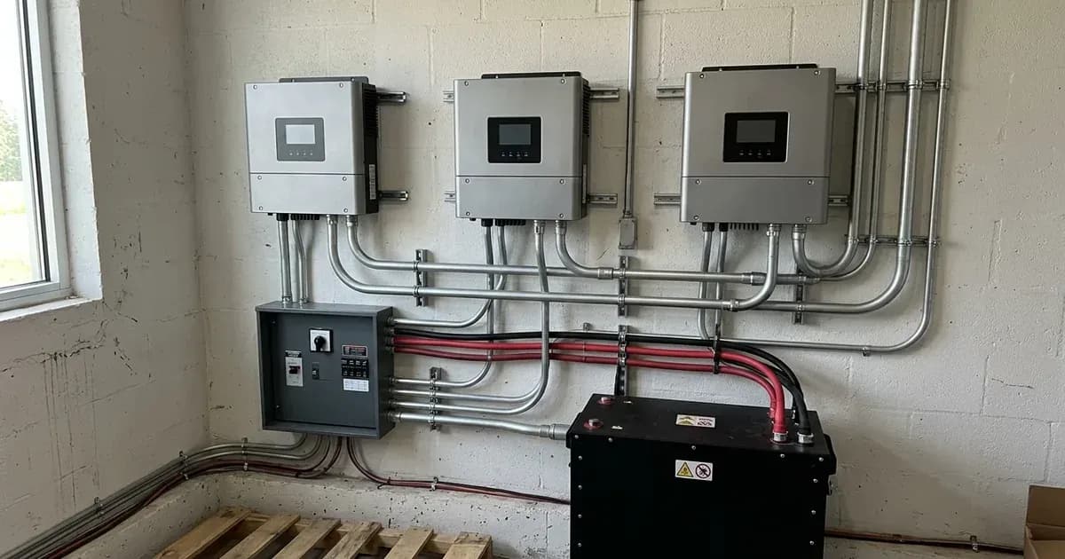 Three unbranded solar inverters mounted in a row with conduit wiring and battery connections. — SolarNevs spec card