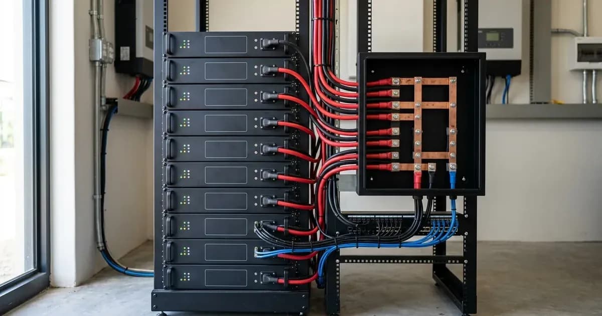 A rack of lithium solar batteries wired in parallel to an adjacent copper busbar enclosure. — SolarNevs spec card