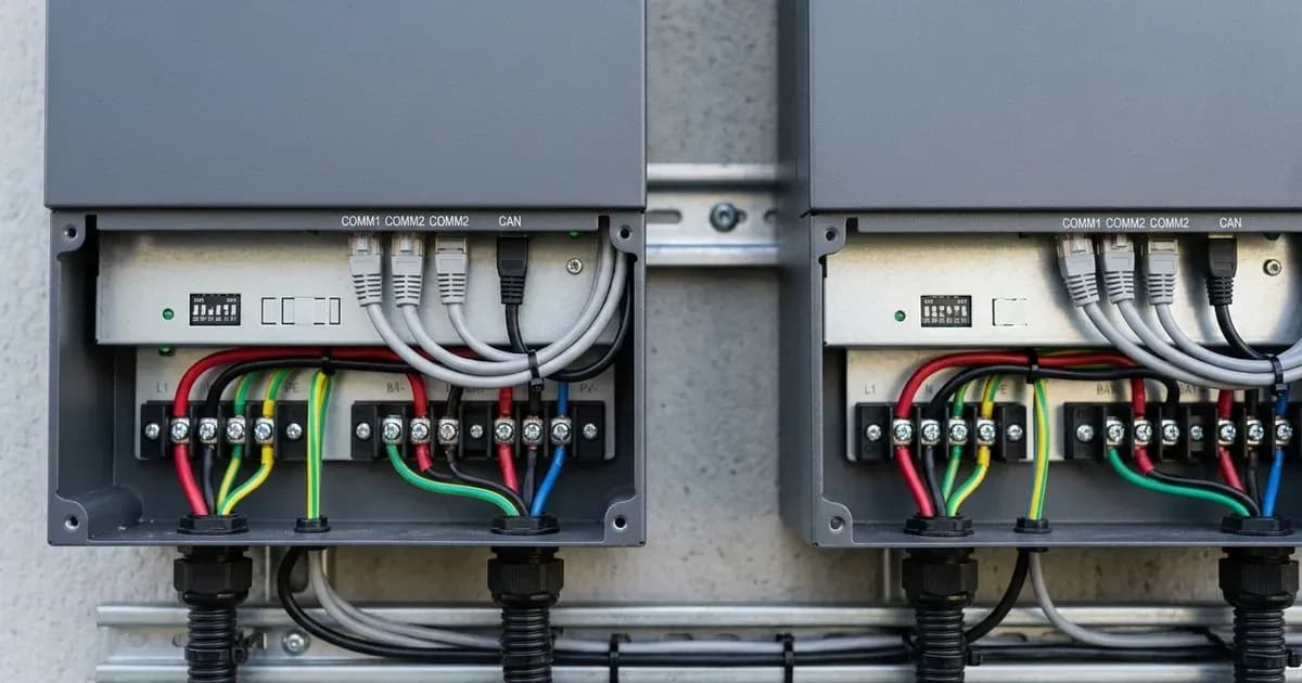 Close-up of wiring terminals and parallel communication cables between two unbranded solar inverters. — SolarNevs spec card