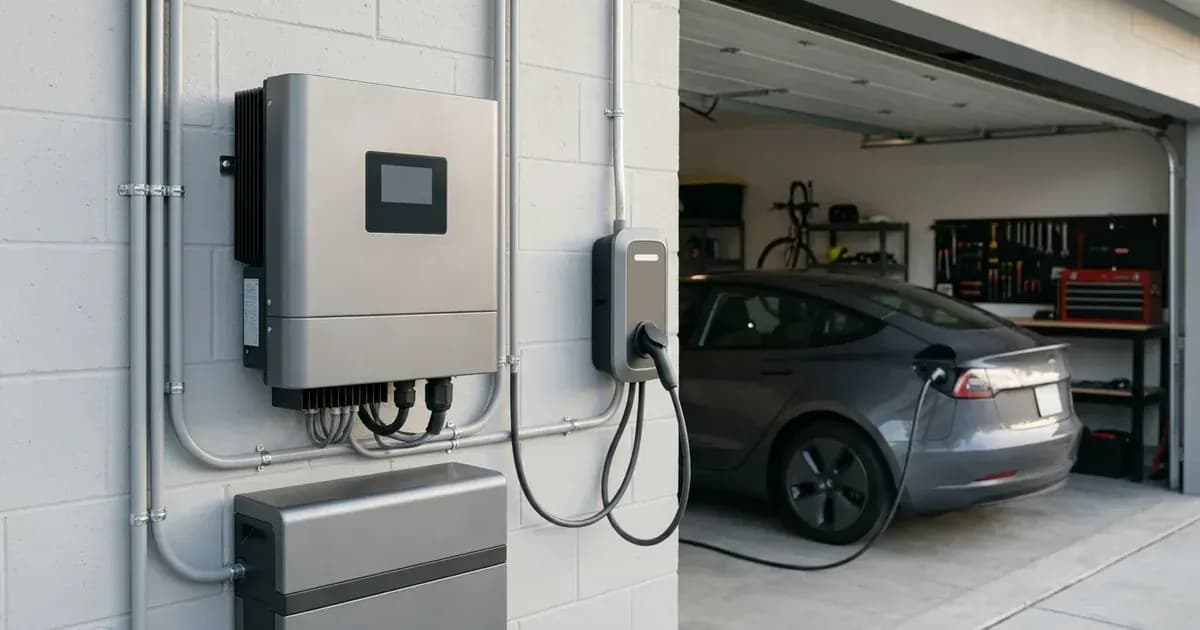 An unbranded solar hybrid inverter and EV charger installed on a garage wall next to an electric car. — SolarNevs spec card