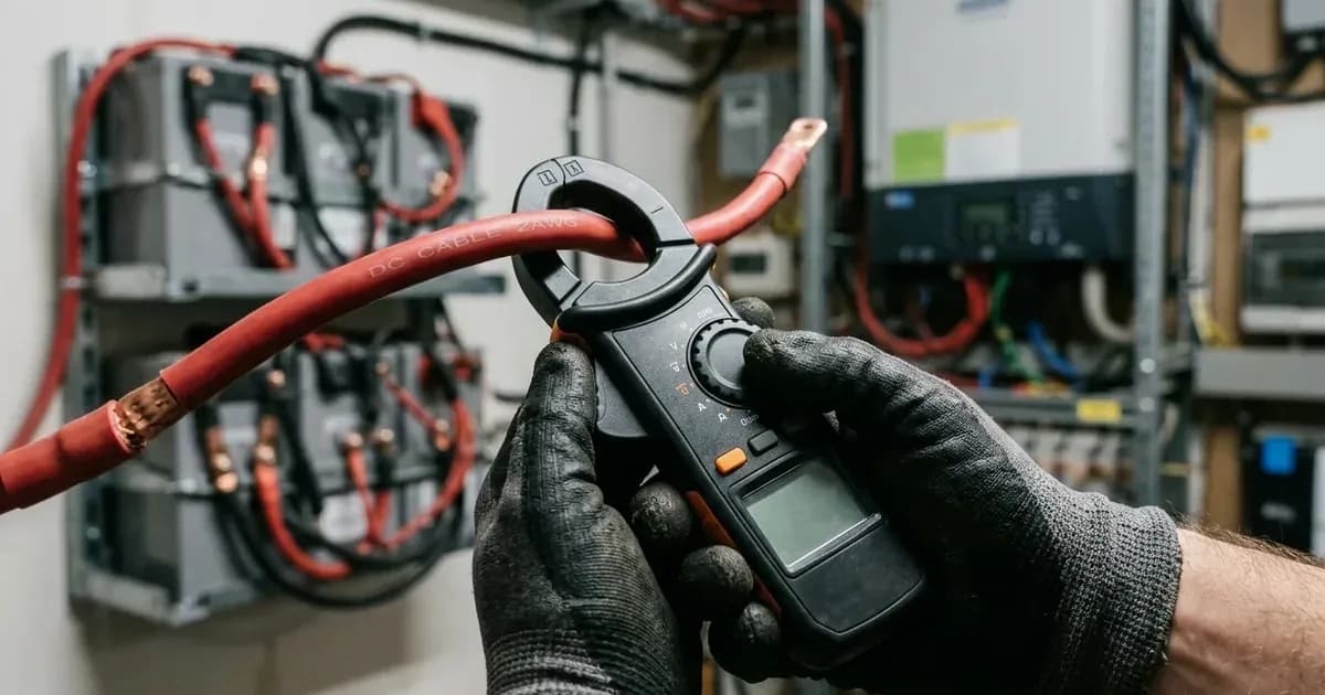 Close-up of a digital clamp meter testing a heavy DC battery cable in front of a battery bank. — SolarNevs spec card