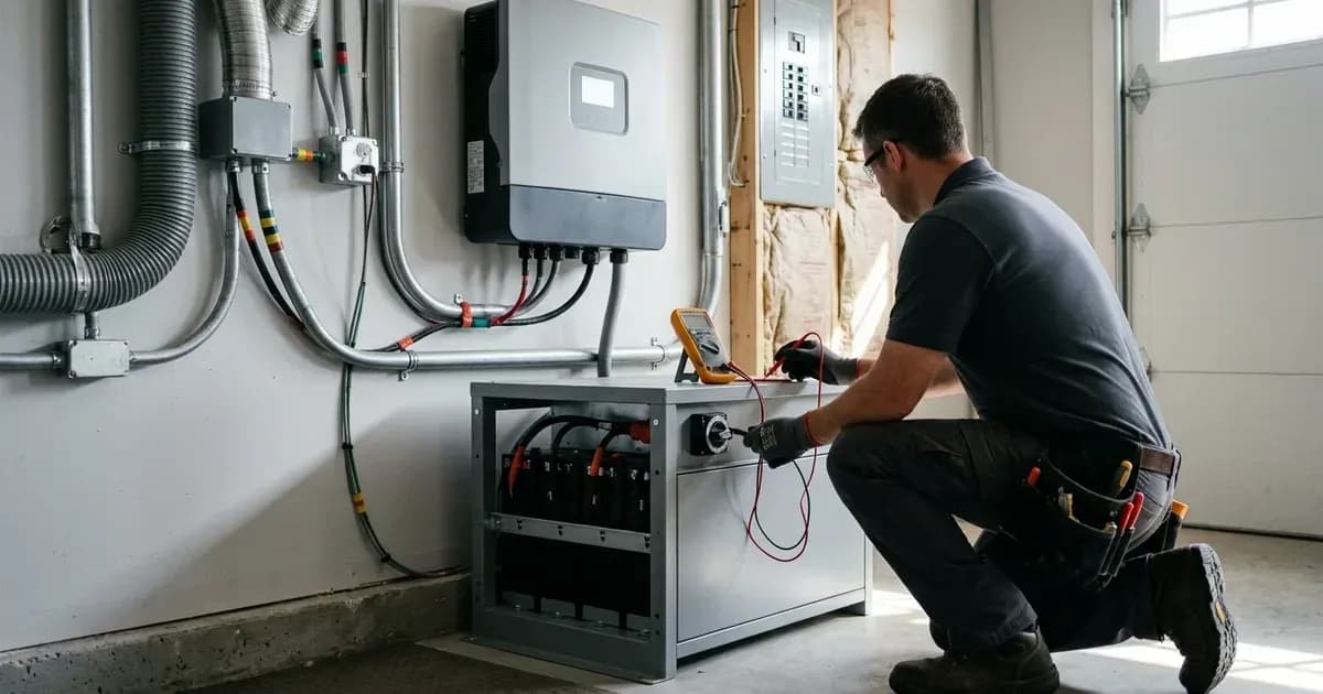 Technician testing battery connections below a wall-mounted hybrid inverter in a solar installation. — SolarNevs spec card