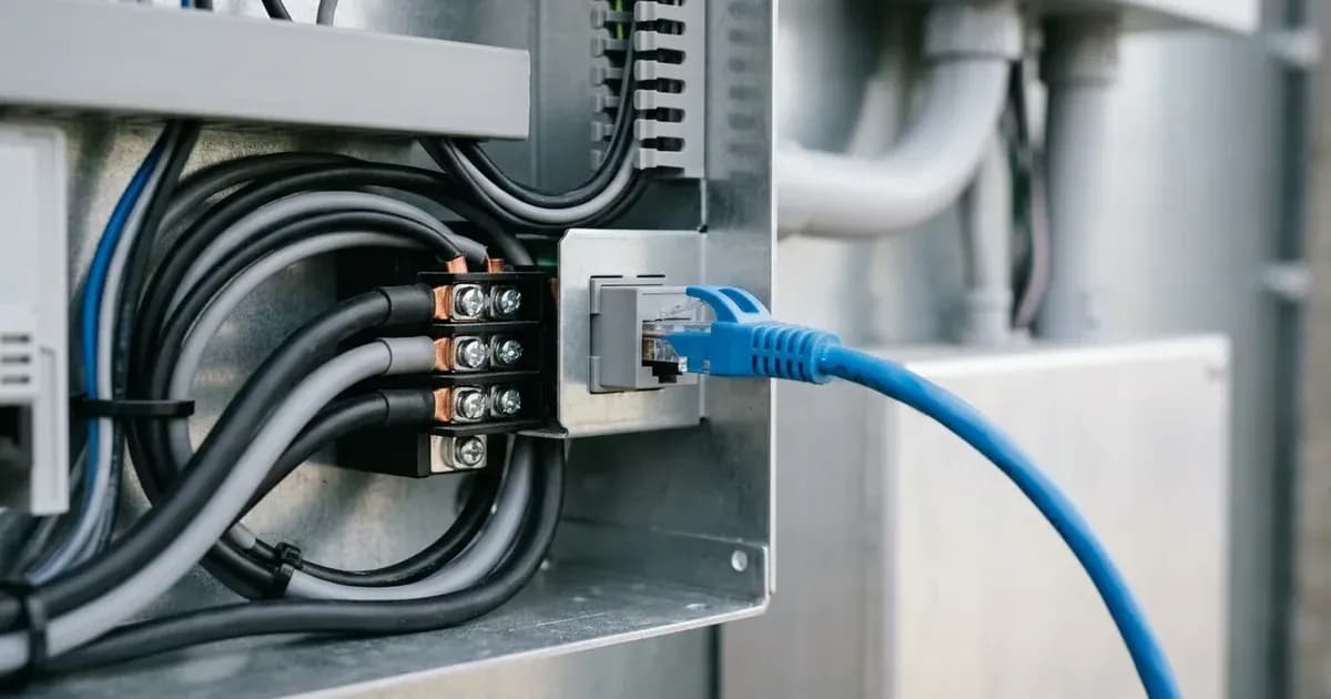 Close-up of a blue RJ45 communication cable plugged into an inverter terminal enclosure. — SolarNevs spec card