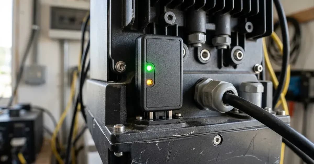 Close-up of a datalogger module with illuminated status LED lights plugged into a solar inverter. — SolarNevs spec card