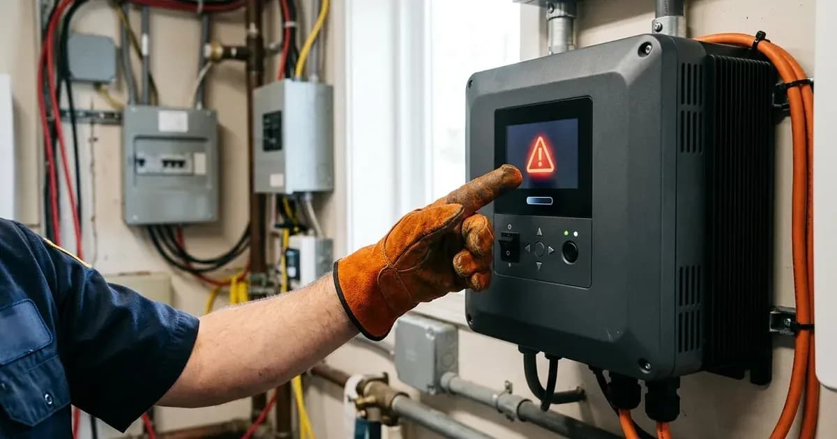 Technician pointing to a warning icon displayed on the front screen of an unbranded solar inverter. — SolarNevs spec card