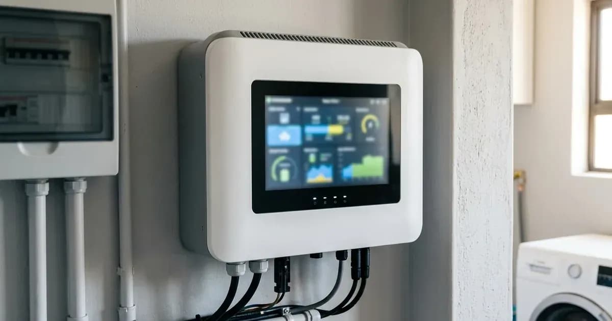 Modern wall-mounted solar hybrid inverter displaying a blurred dashboard interface in a utility room. — SolarNevs spec card