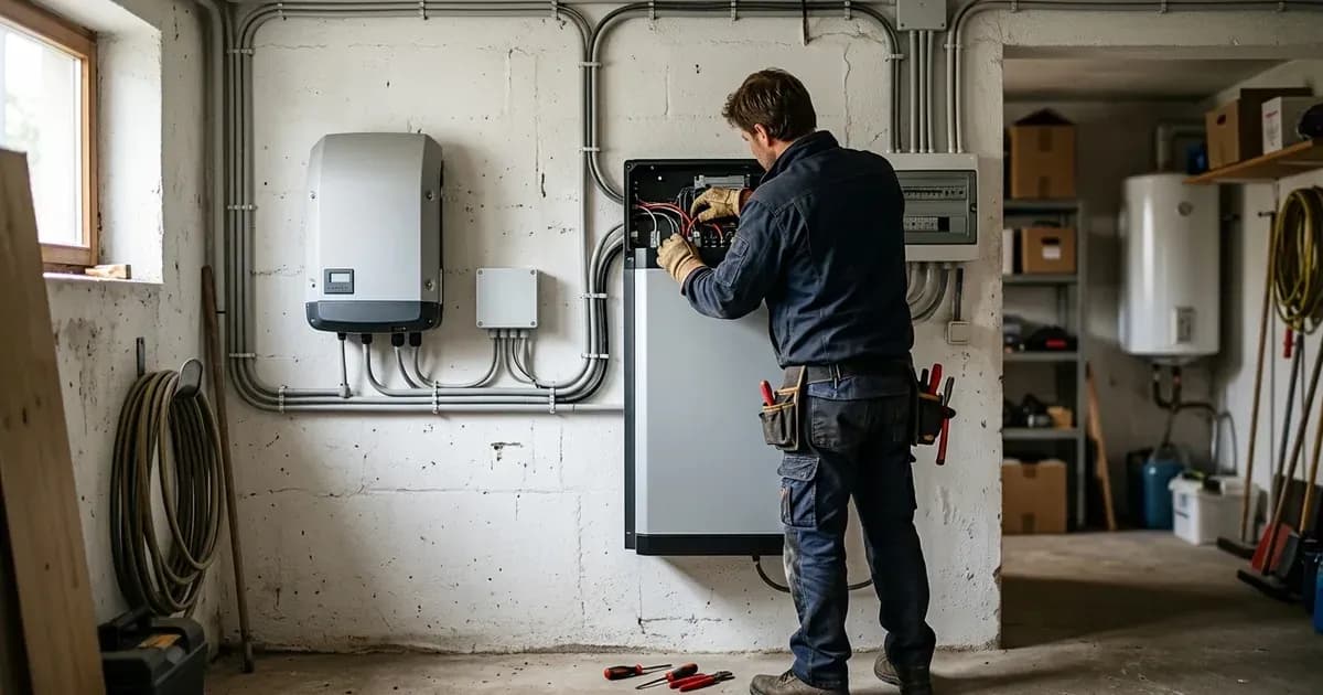 Electrician wiring a new wall-mounted home battery storage cabinet next to an existing solar inverter. — SolarNevs spec card