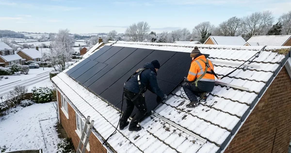 Solar installation crew fitting rooftop solar panels on a residential house on a crisp winter day. — SolarNevs spec card