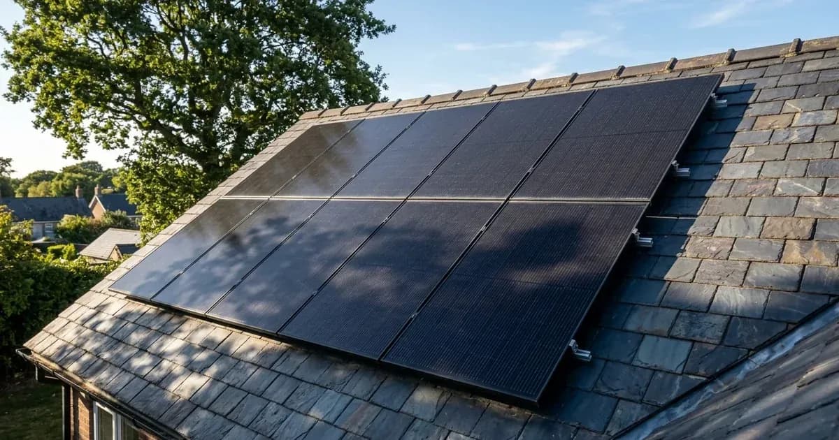 Rooftop solar panel array partially covered by tree shadow with bright sunlight on adjacent panels. — SolarNevs spec card