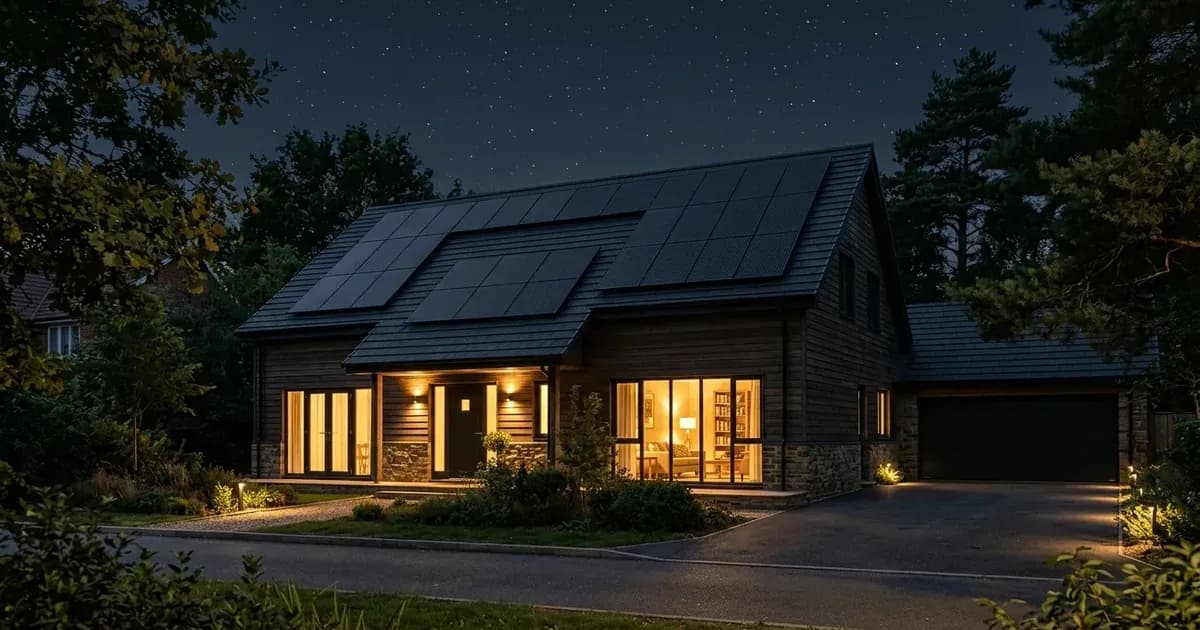 Suburban home at night with rooftop solar panels under a starry sky and illuminated interior windows. — SolarNevs spec card
