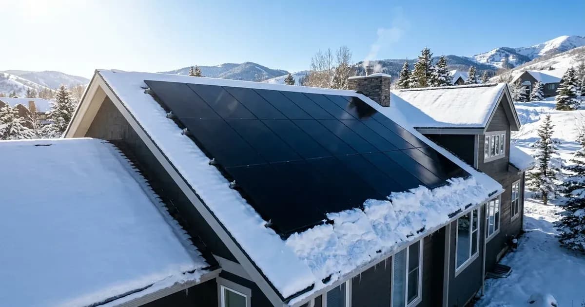 Residential rooftop solar panels with cleared snow sliding onto the roof under bright winter sunlight. — SolarNevs spec card
