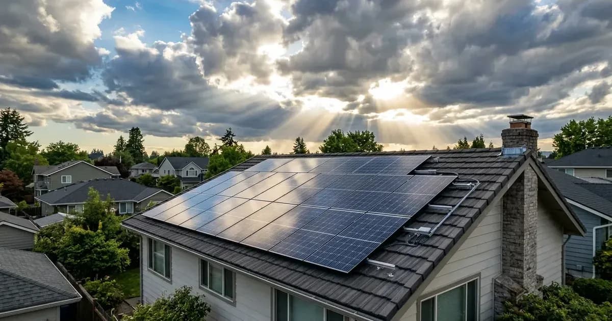Rooftop solar panels under dramatic cloud cover with sunbeams breaking through. — SolarNevs spec card