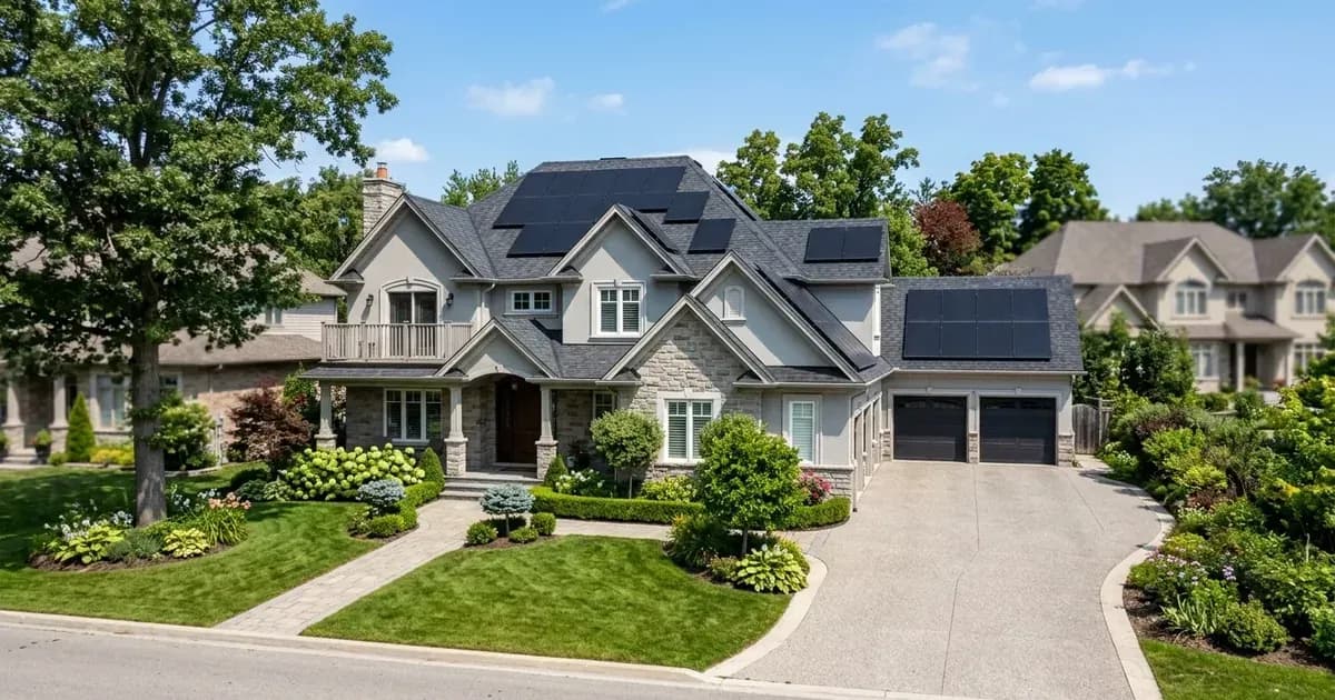 Large suburban family home with extensive rooftop solar photovoltaic panels installed across roof sections. — SolarNevs spec card