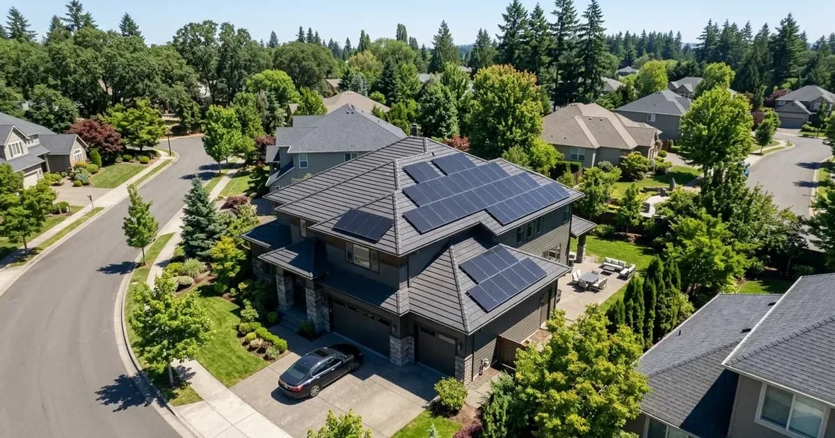 Aerial view of rooftop solar photovoltaic panels installed on a modern suburban house. — SolarNevs spec card