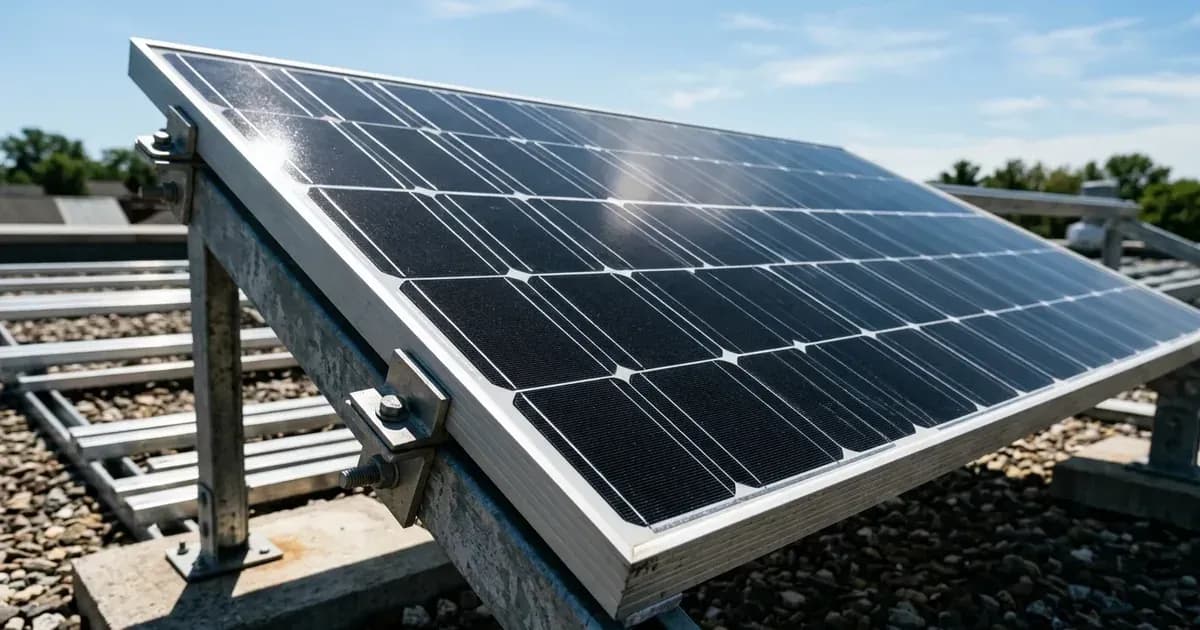 Close-up of a monocrystalline solar panel mounted on an outdoor ground frame in direct sunlight. — SolarNevs spec card