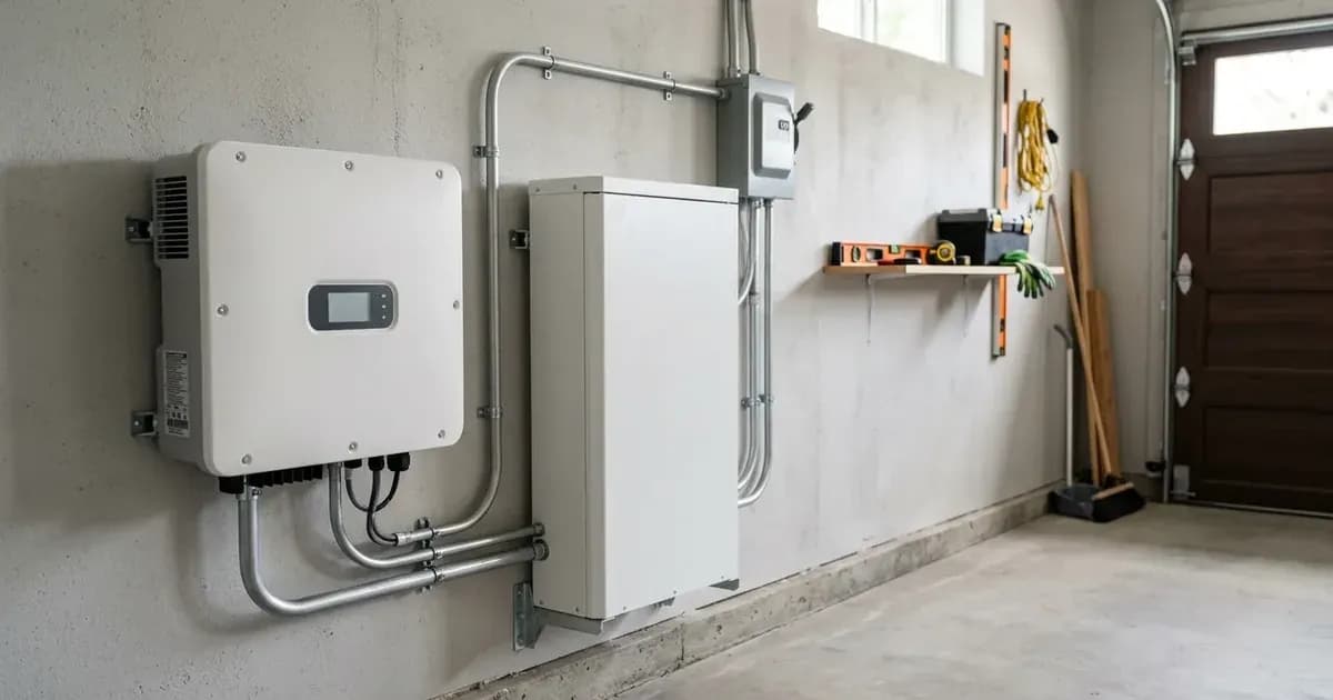 Wall-mounted solar power inverter and residential battery storage unit installed with conduit in a garage. — SolarNevs spec card