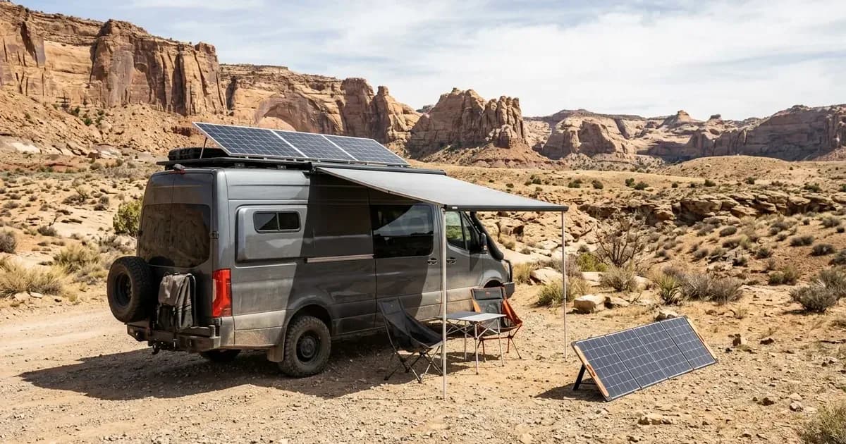 Camper van boondocking in the desert with rooftop solar panels and a portable folding solar panel. — SolarNevs spec card