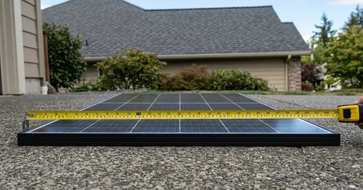 Measuring tape extended across a monocrystalline solar panel frame on a driveway before roof installation. — SolarNevs spec card