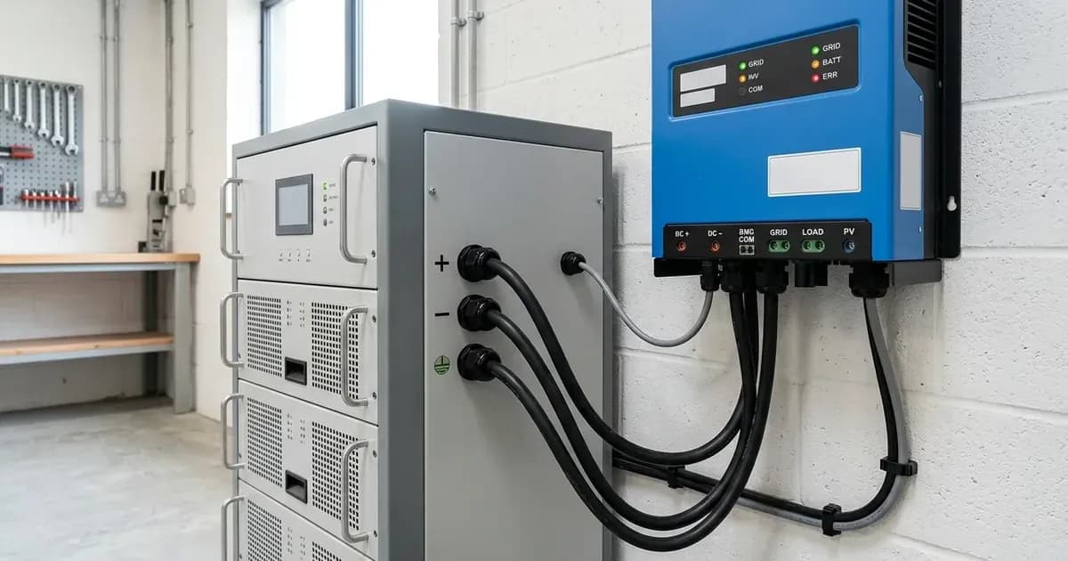 Modular lithium battery cabinet connected to a wall-mounted hybrid inverter via heavy DC cables and communication link. — SolarNevs spec card
