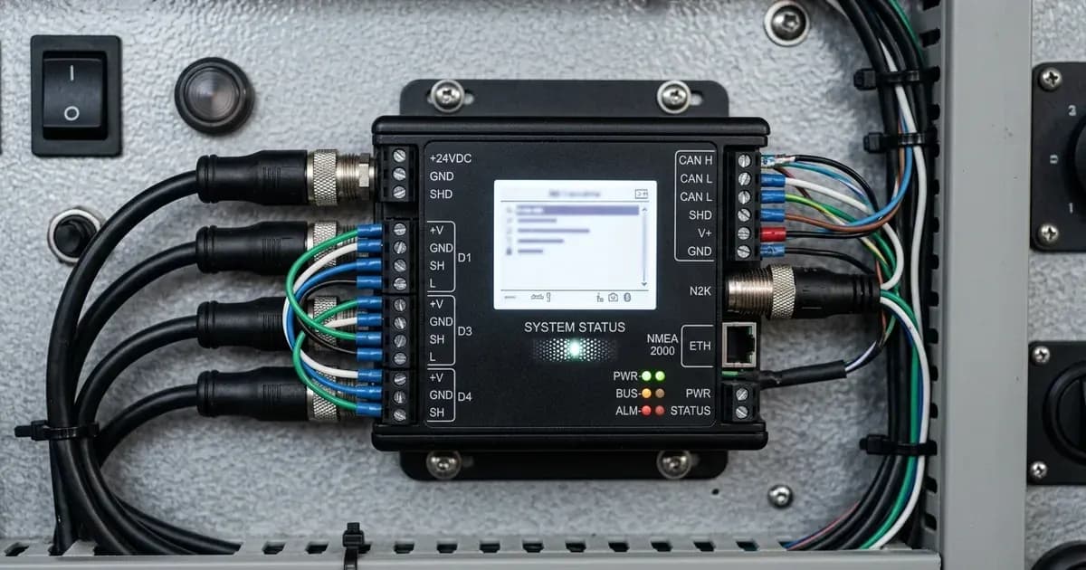 Electronic system gateway controller and CAN-bus communication wiring mounted on a marine power management panel. — SolarNevs spec card