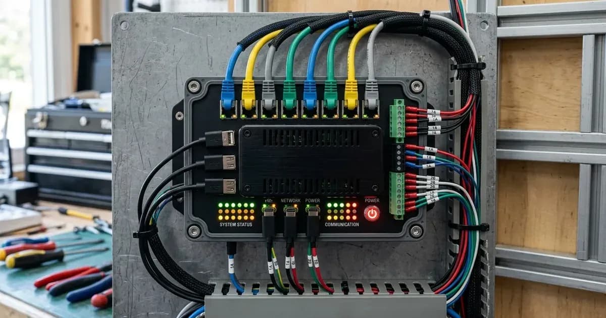 System communication and monitoring gateway unit with network ports and wiring harnesses mounted on a control panel. — SolarNevs spec card