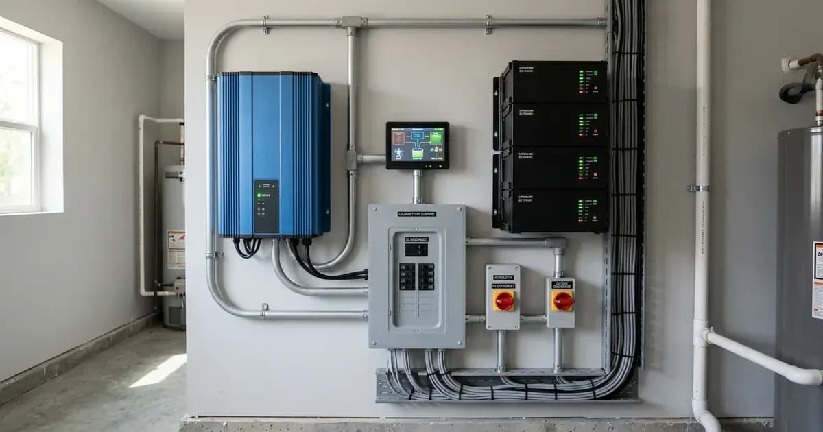 Wall-mounted hybrid inverter-charger and system monitoring display in a grid-parallel energy storage installation. — SolarNevs spec card