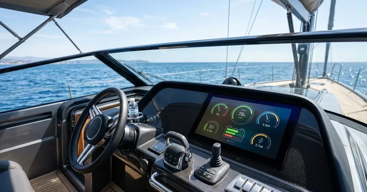 Flush-mounted marine multifunction chartplotter display on a boat helm station showing power system graphics. — SolarNevs spec card