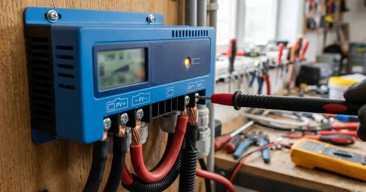 Diagnostic check on a solar MPPT charge controller terminal with multimeter probe and illuminated warning indicator. — SolarNevs spec card