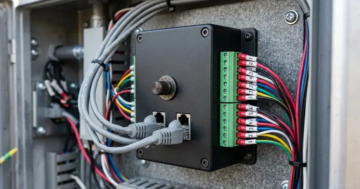 Close-up of a CAN-bus tank sender adapter module with rotary dial, RJ45 ports, and sensor wiring terminals. — SolarNevs spec card