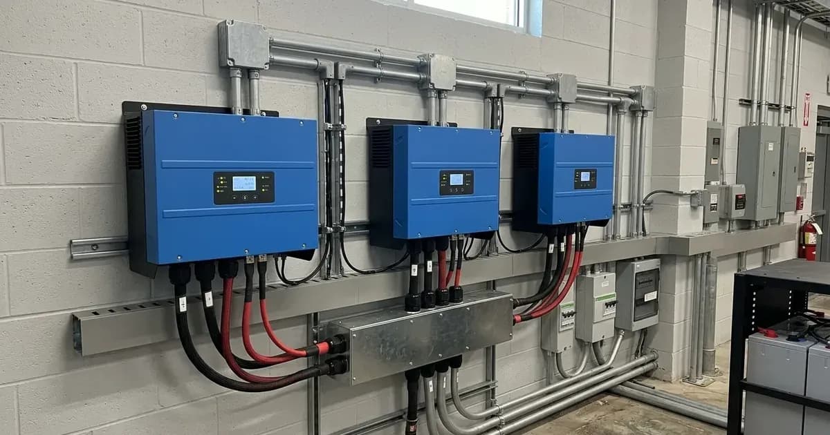 Three wall-mounted hybrid inverters installed in a parallel three-phase configuration with DC cabling and AC conduit. — SolarNevs spec card
