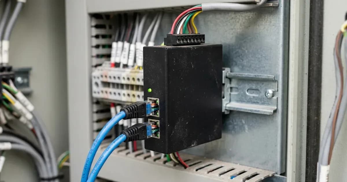 Close-up of an unbranded interface communication converter module mounted on a DIN rail with network cables. — SolarNevs spec card