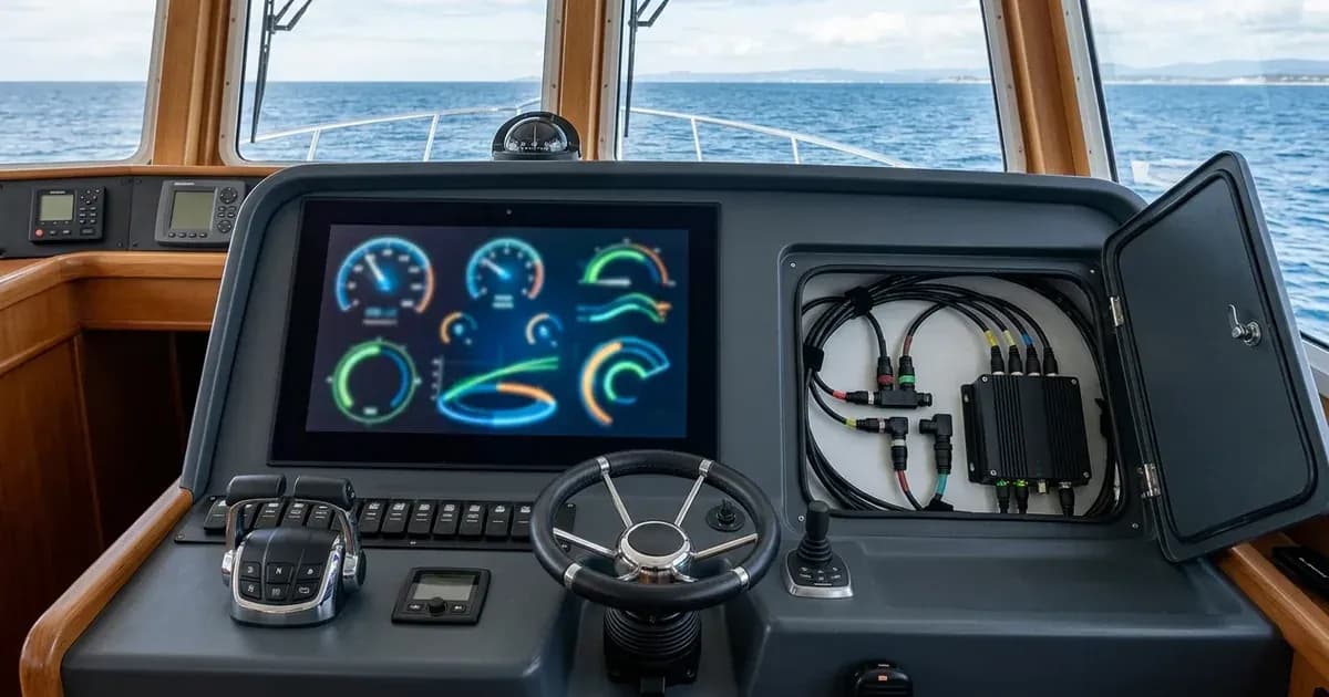Marine helm station with multi-function display screen connected to CAN-bus and NMEA2000 network hardware. — SolarNevs spec card