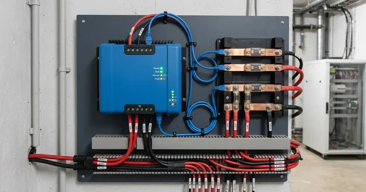 Modular solar DC power management backplate with MPPT controller, fused busbar block, and CAN communication wiring. — SolarNevs spec card