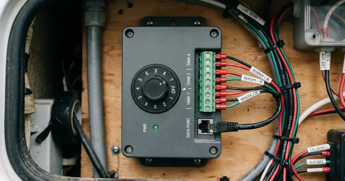 Resistive tank sender adapter module with rotary selector dial, terminal block, and data port in an electrical bay. — SolarNevs spec card